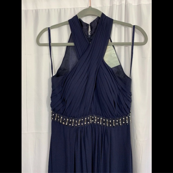 NWT $248 Eliza J Halter Pleated Cross Neck Gown‎ in Navy Blue [SZ 6 ] - Picture 4 of 8